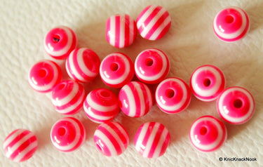 8mm Mauve Pink And White Striped Round Resin Spacer Beads x 20